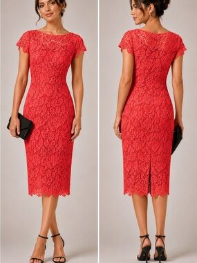 Sténay Coral Red Guipure Lace Sheath Dress Scalloped Elegant Cocktail Chic Midi